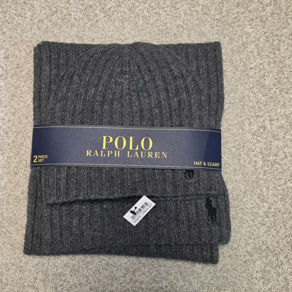 Polo Ralph Lauren Mens Lambswool Blend Hat Scarf Set Charcoal Grey PP0079